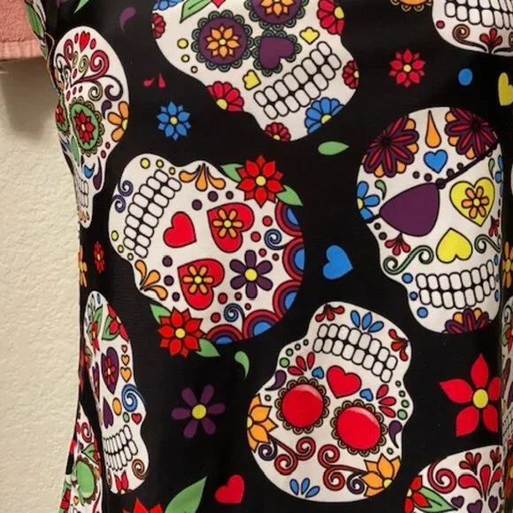 SUGAR SKULL Black Skulls & Flowers DAY OF DEAD Full Coverage TANKINI Swimsuit S - Picture 4 of 11